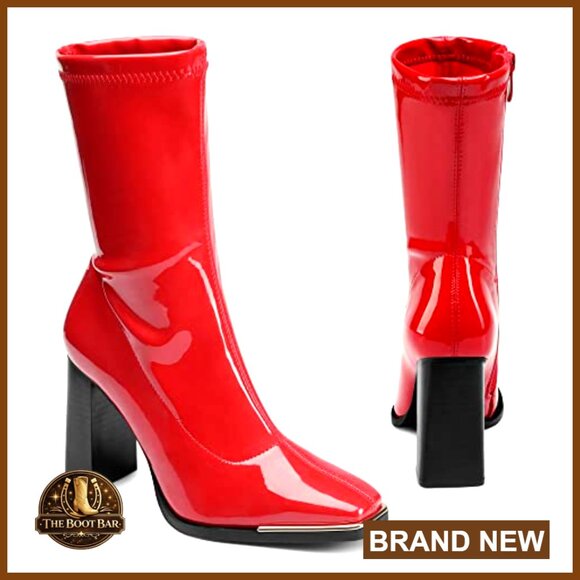 Square Toe Gogo Boots Vegan Leather High Chunky Block Heel Mid Calf - Picture 4 of 7